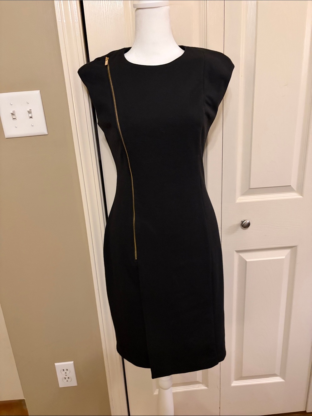 Calvin Klein Black Midi Dress with Gold Diagonal Zip